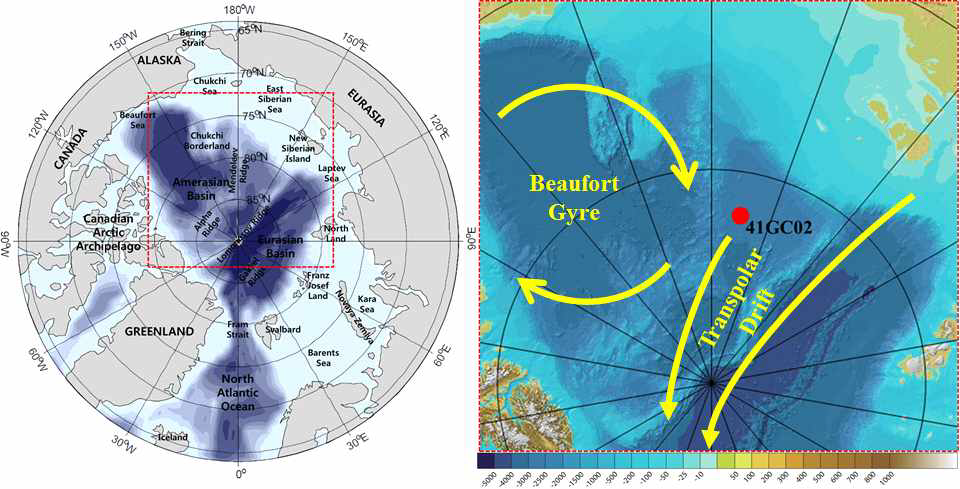 Geographic map and location of gravity core ARA03B-41GC02. Red circle indicates the location of the core.