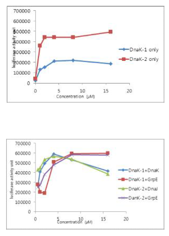 (A) DnaK의 농도에 따른 chaperone 활성도 변화 (B) Co-chaperone에 따른 chaperone 활성도의 효과