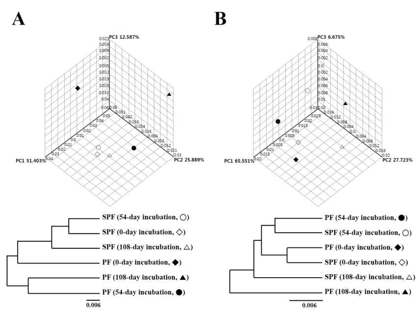 UniFrac distance-based Jackknife clustering of bacterial (A) and archaeal (B) communities associated with different incubation time from different sampling depths