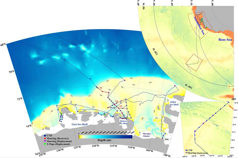 Map of study area. Blue dots denote the CTD stations visited during ANA06B expedition