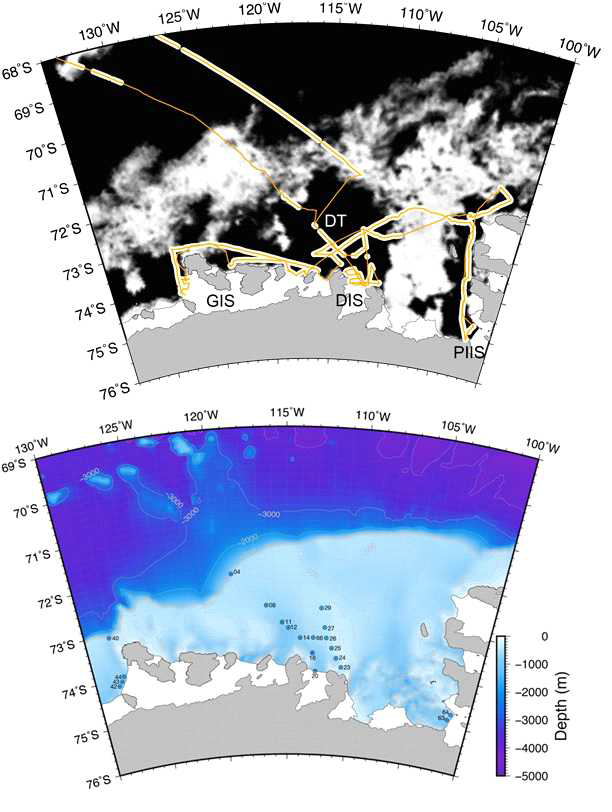 Map showing cruise track of underway measurements of DMS, Δ O2/Ar,and fluorescence(upper figure) with sea-ice distributions from satellite image.