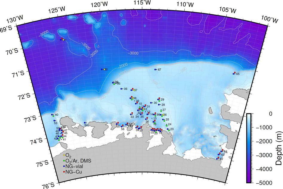 Map showing the locations where samples for noble gas analysis were collected duirng 2016 cruise.