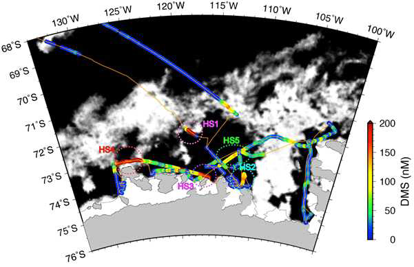 Spatial distributions of DMS concentrations (contour map) throughout the Amundsen Sea surface waters from Jan 14 to Feb 10