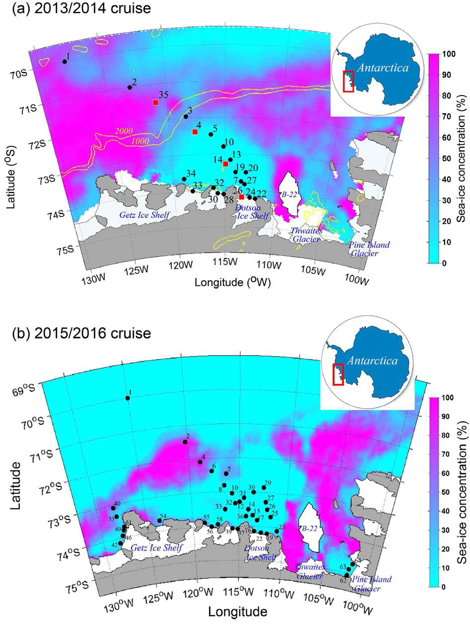 A map of stations for for phytoplankton physiological parameters in the Amundsen Sea (a) 2013/2014 and (b) 2015/2016. Colors represent averaged sea ice concentrations during the cruise