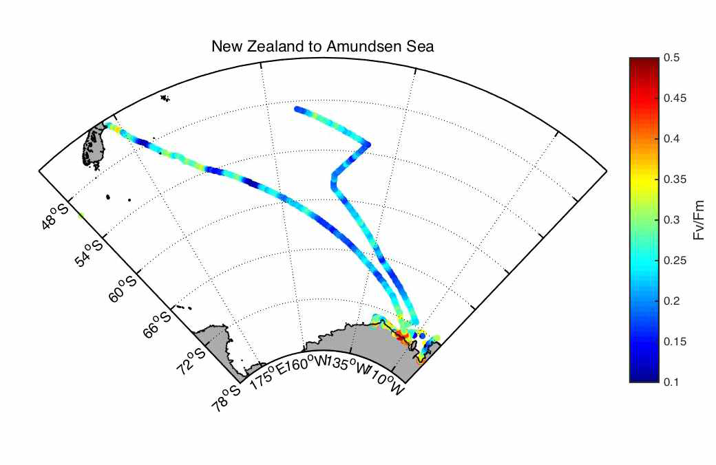 Underway measurements of maximum photosynthetic quantum efficiencies (Fv/Fm) during Araon’s New Zealand to Amundsen Sea transit in 2015/2016