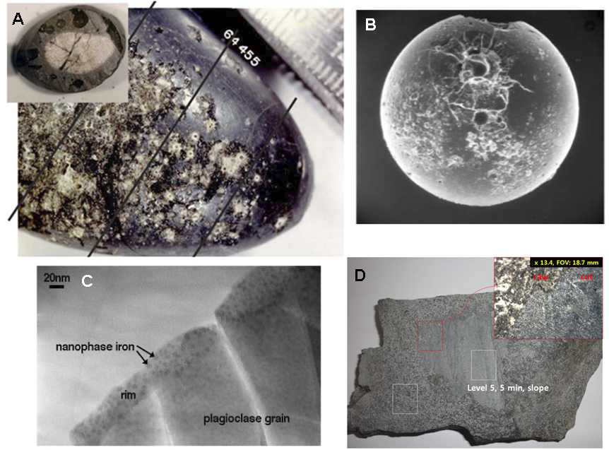 These images show features of space weathering for lunar rock (A, B, C) and terrestrial rock (D).