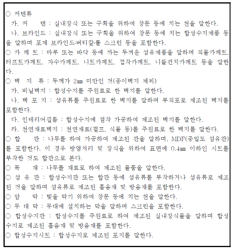 방염규제대상 물품의 종류