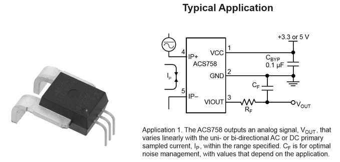 ACS758 외형(좌), 기본 동작 구성(우)