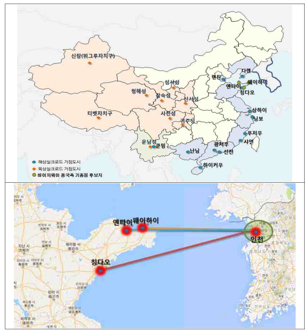중국 측 하이퍼웨이 산둥성 내 기종점 후보지(상), 인천과의 연결루트(안)(하)