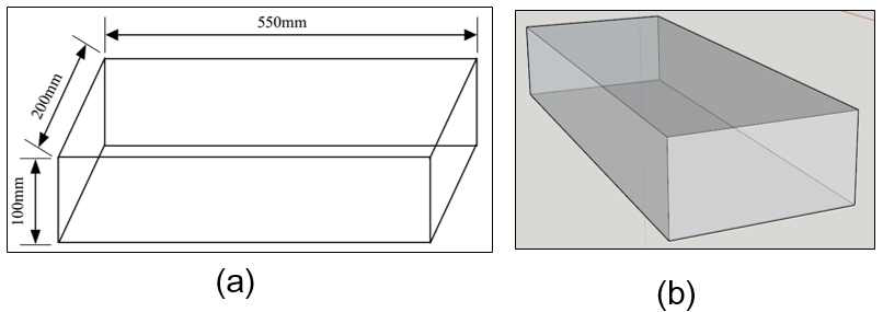 개별요소해석에 사용된 경계면 모델 (a)제원 (b)3차원 설계 단면