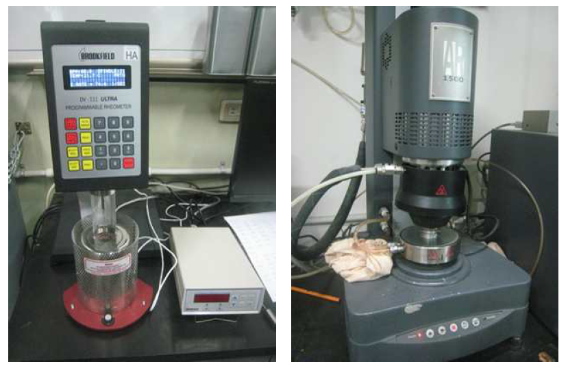 Brookfield viscometer(좌)와 DSR(우) 실험 전경