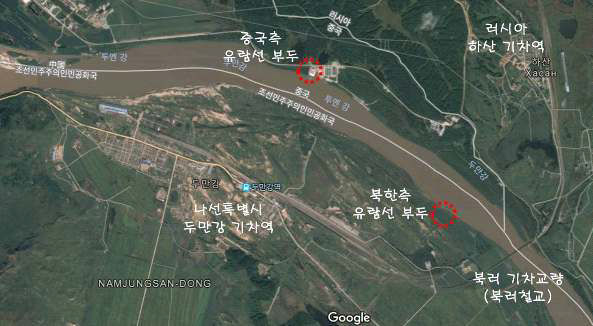 구글어스로 바라본 중국과 북한 유람선 부두 위치