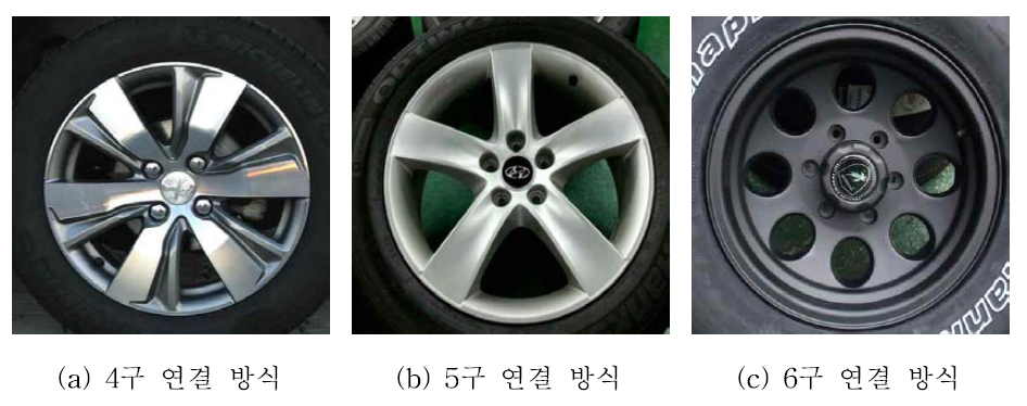 국내 차량의 다양한 타이어 휠과 차축 체결 모양