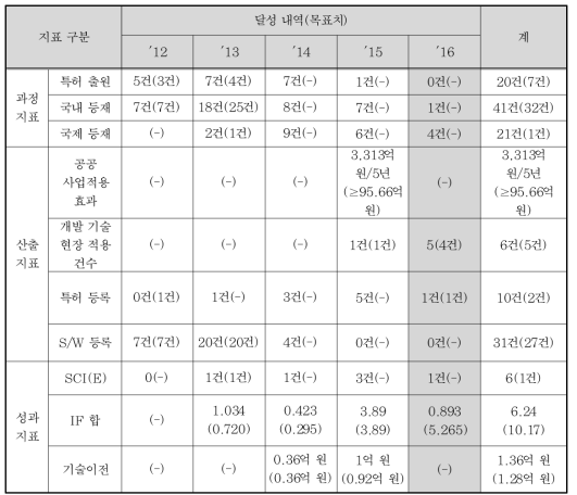 연차별 과정지표 및 산출지표 목표치 및 달성 내역