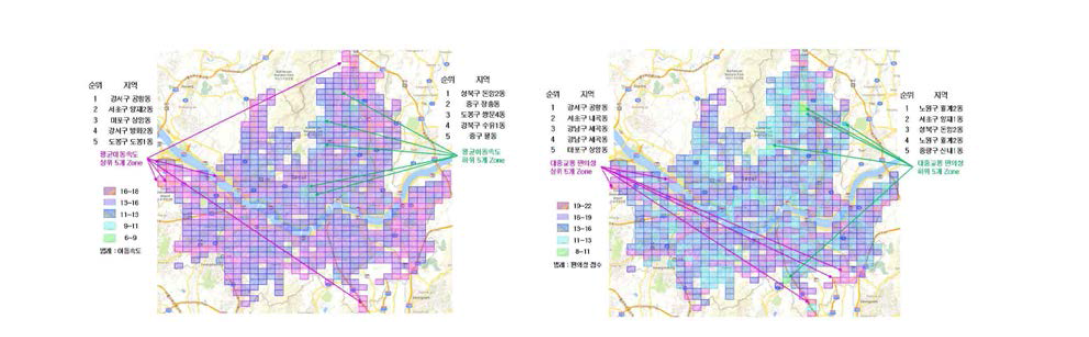 서울시 지역별 표정속도 및 편의성 점수 지도