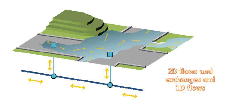 2차원 지표수흐름과 1차원 관망해석 모형의 연계
