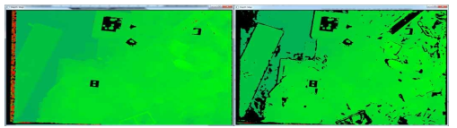 오차 제거 전 깊이지도(좌)과 상관계수를 통한 폐합 오차 제거 후 깊이지도(우)
