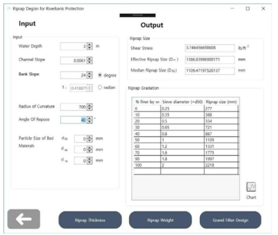 사석 설계 프로그램의 직선하도 구간의 제방과 하안 보호공 사석크기 계산 화면