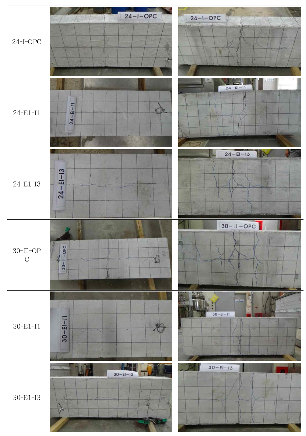 반복가력 시험 후 시험체 전 후면 균열 발생 형태