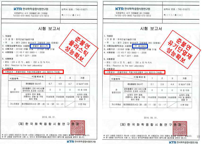 준불연 등급의 유기소재 난연성능 확인 (외부 공인시험성적서)