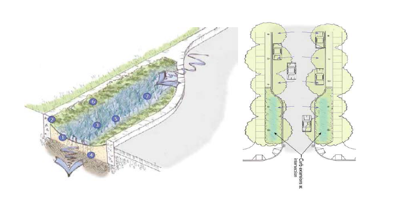 Storm Curb Extensions 모식도(좌), 설계 예시(우)