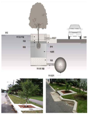 나무여과상자 단면도(상단) 및 설치 사례(하단)