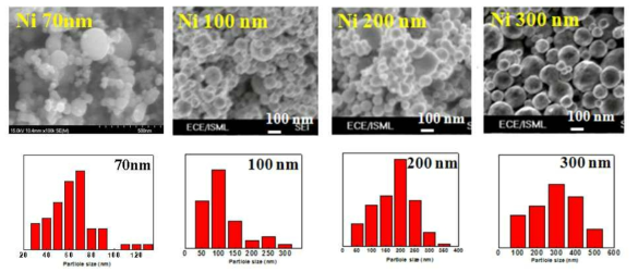 상용 Ni powder(100nm, 200nm, 300nm)와 합성 Ni powder(70nm) 입도 분석