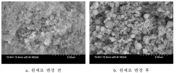원재료 변경 전/후의 SEM 이미지 비교.