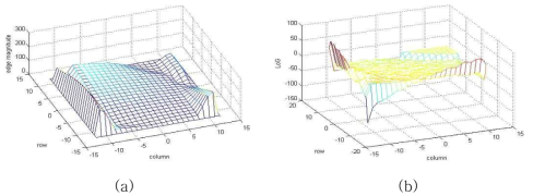 그림 6-12-(a) 이미지를 이용한 (a) LoG 적용후의 결과 (b) 에지 크기 분포