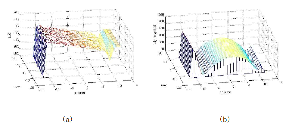 그림 6-16-(a) 이미지를 이용한 (a) LoG 적용후의 결과 (b) 에지 크기 분포
