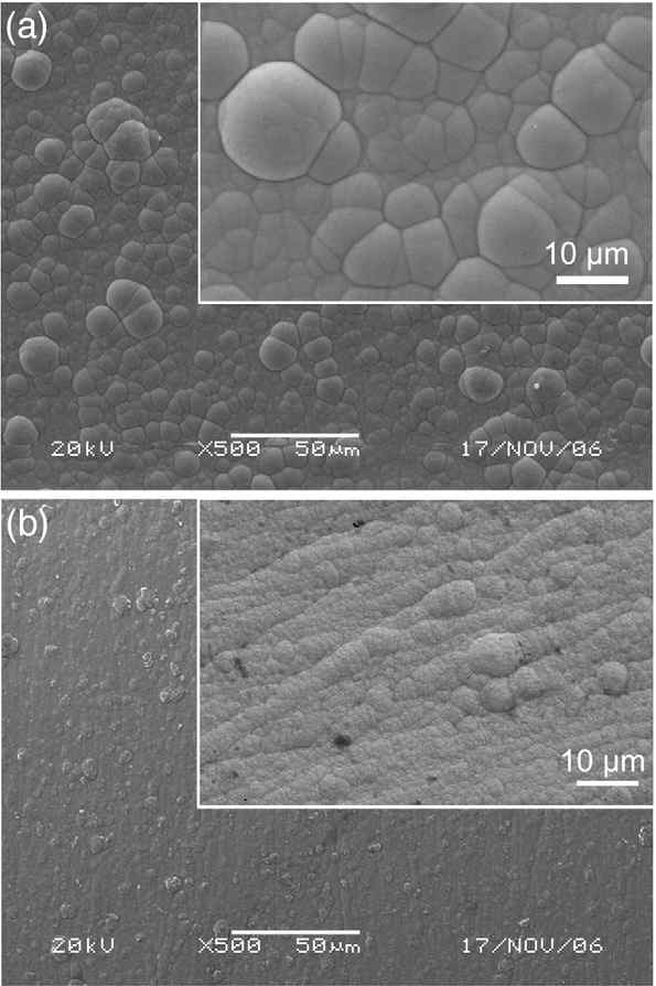 Surface morphologies of Ni–P coatings on carbon steel (a) by conventional electroplating and (b) by mechanically assisted electroplating. Insets are high magnification SEM photos.