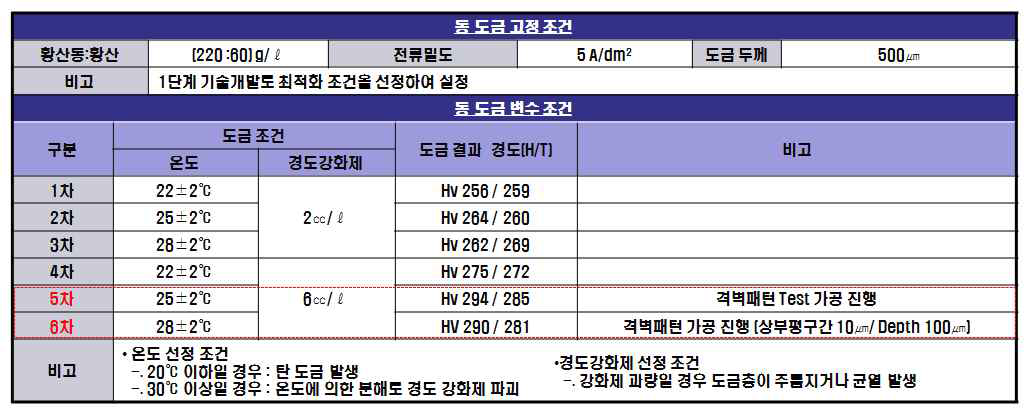 2단계 1차년도 동도금 실험 조건