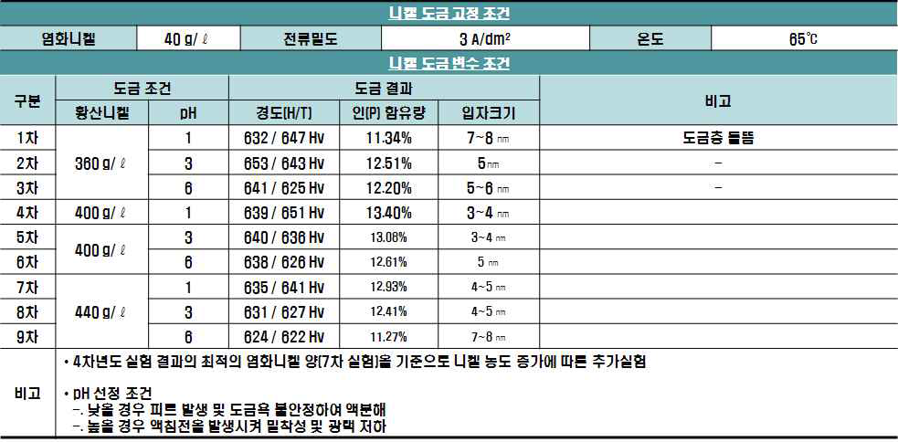 니켈 도금 실험 조건