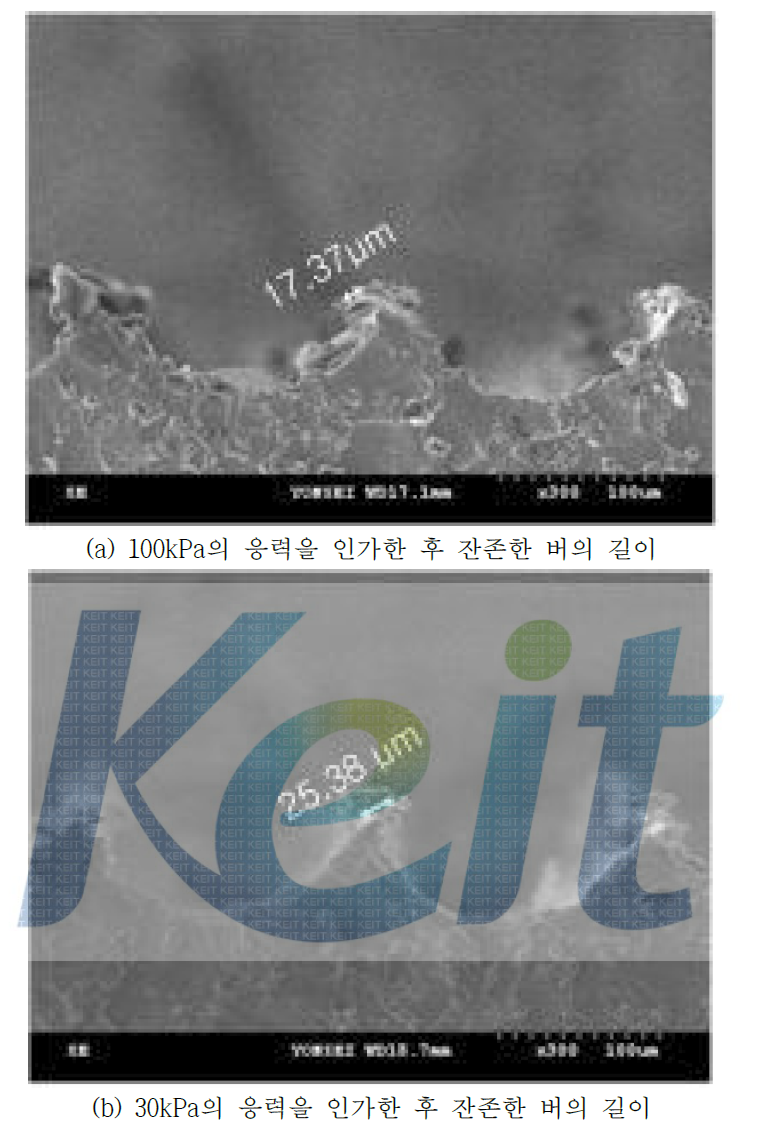 황동 렌티큘러 형상 시편을 디버링 한 후 잔존한 버의 길이