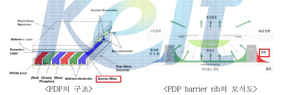 PDP의 구조 및 barrier rib의 모식도