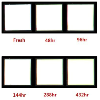 수명가속 평가 후 소자의 발광 사진 및 수명 특성