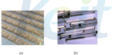 MEMS 기술이 적용된 (a)probecard의 probetip사진 (b)(a)를 확대하여 본 사진