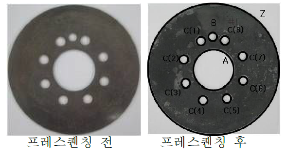 프레스퀜칭 전,후의 드라이브 플레이트(Ø150)형상