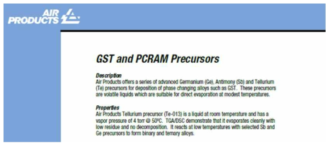 Air Products and Chemicals Inc. 의 GST ALD용 전구체 판매 정보