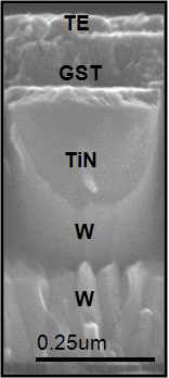 0.25㎛ BEC를 갖는 cell에 GST 박막을 증착한 시편의 단면 SEM 사진