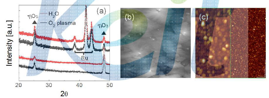 (a) H2O 및 O2 plasma를 사용하여 증착된 TiO2 박막의 GAXRD 패턴 (b) H2O, (c) O2 plasma를 각각 산화제로 사용하였을 때 증착된 TiO2 박막의 표면 topology