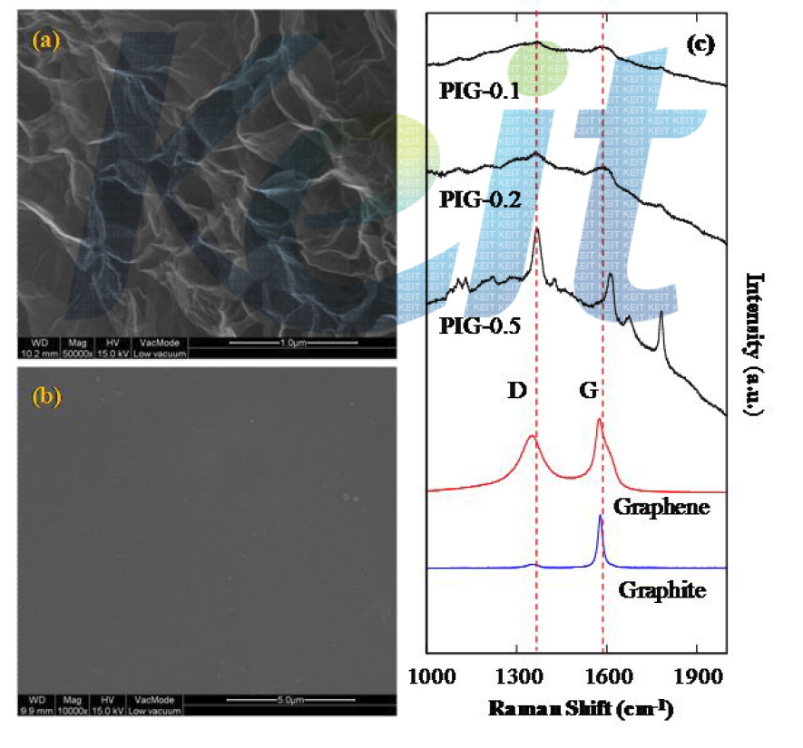 그래핀과 폴리이미드/그래핀 복합체의 SEM 이미지와 라만분광분석