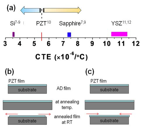 (a) PZT 압전 박막 소재의 열팽창계수와 사용된 기판 (Si, 사파이어, YSZ)의 열팽창 계수 차이, (b) 열팽창계수가 작은 기판 (Si)을 사용하였을 경우, (c) 열팽창계수가 큰 기판 (사파이어, YSZ)을 사용하였을 경우의 압전 박막 소재와 기판과의 형상 개념도.