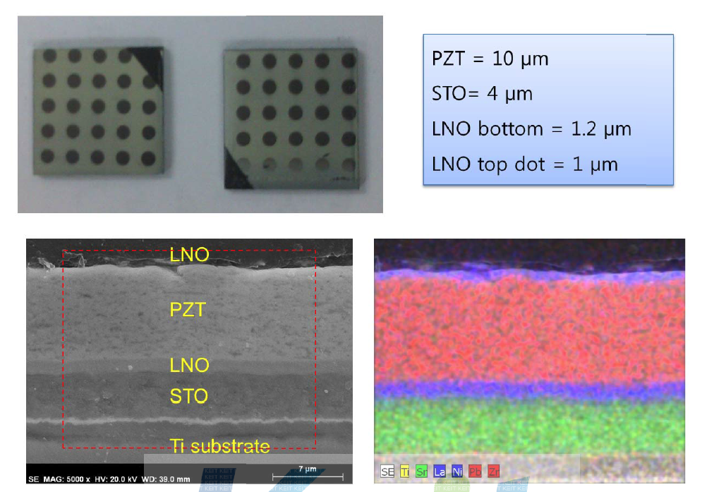 상온 분사 공정에 의해 제조된 Ti substrate/STO/LNO/PZT/LNO 3종 4층 박막 소재의 사진과 SEM 단면 미세구조, EDX 분석결과