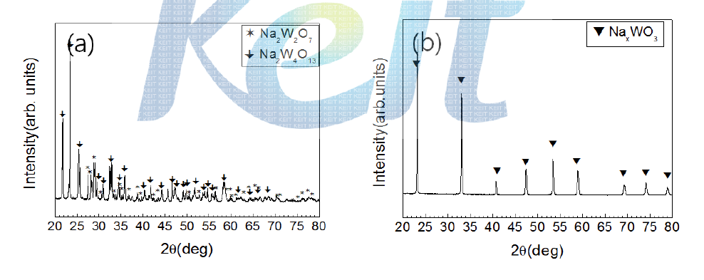 X-ray diffraction patterns of the powders (a) calcined at 600℃ in air for 4 hours (first step calcination) and (b) calcined at 600℃ in air for 4 hours followed by an annealing at 650℃ in 5%H2/Ar atmosphere for 10 hours (second step calcination).