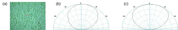(a) 디바이스 B의 발광 시 표면 사진. (b) 디바이스 A와 (c) 디바이스 B의 배광분포곡