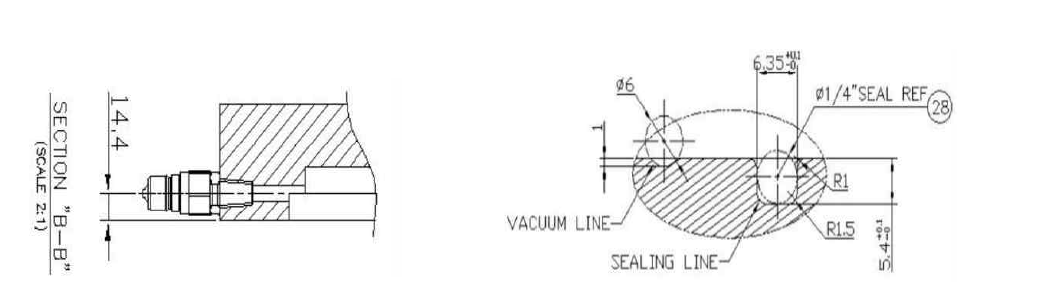 진공 노즐 및 Fixture 옆면 상세도(좌) Vacuum Fixture Sealing부 설계 상세도(우)