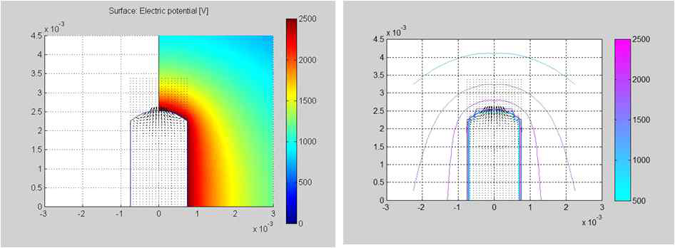 Comsol multiphysics에 의해 해석된 전기장 및 메니스커스