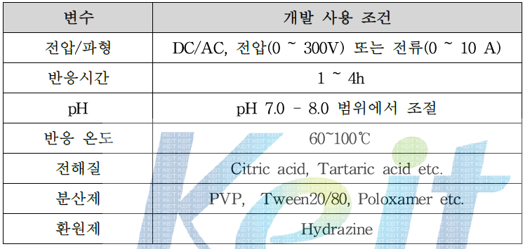 전기분해법을 통한 Ag 나노 입자 제조에 사용한 반응 조건