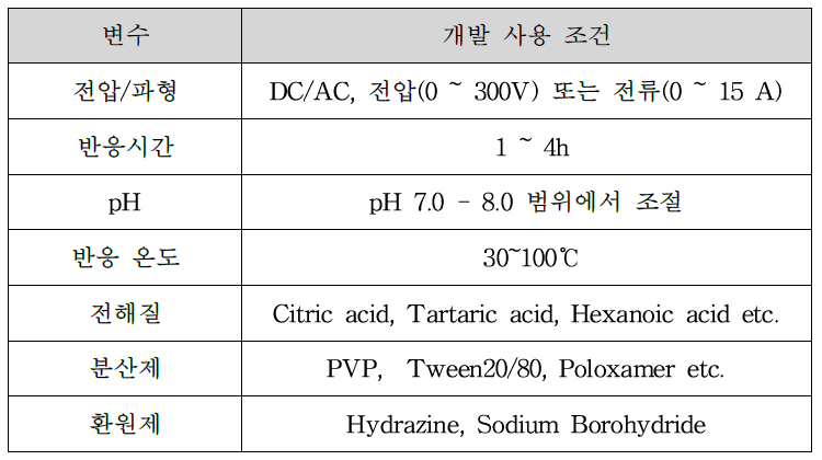 전기분해법을 통한 Ag 나노 입자 제조에 사용한 반응 조건